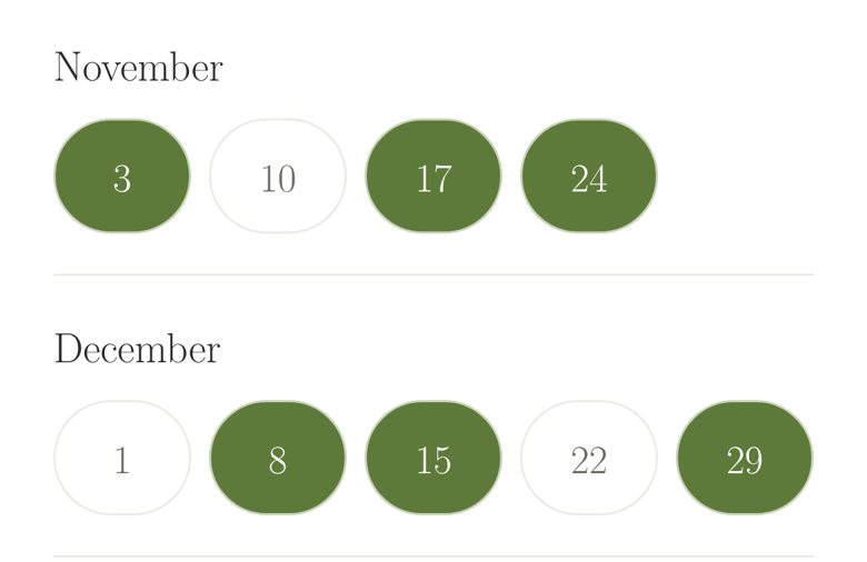 A player's page with the dates she can play marked in green